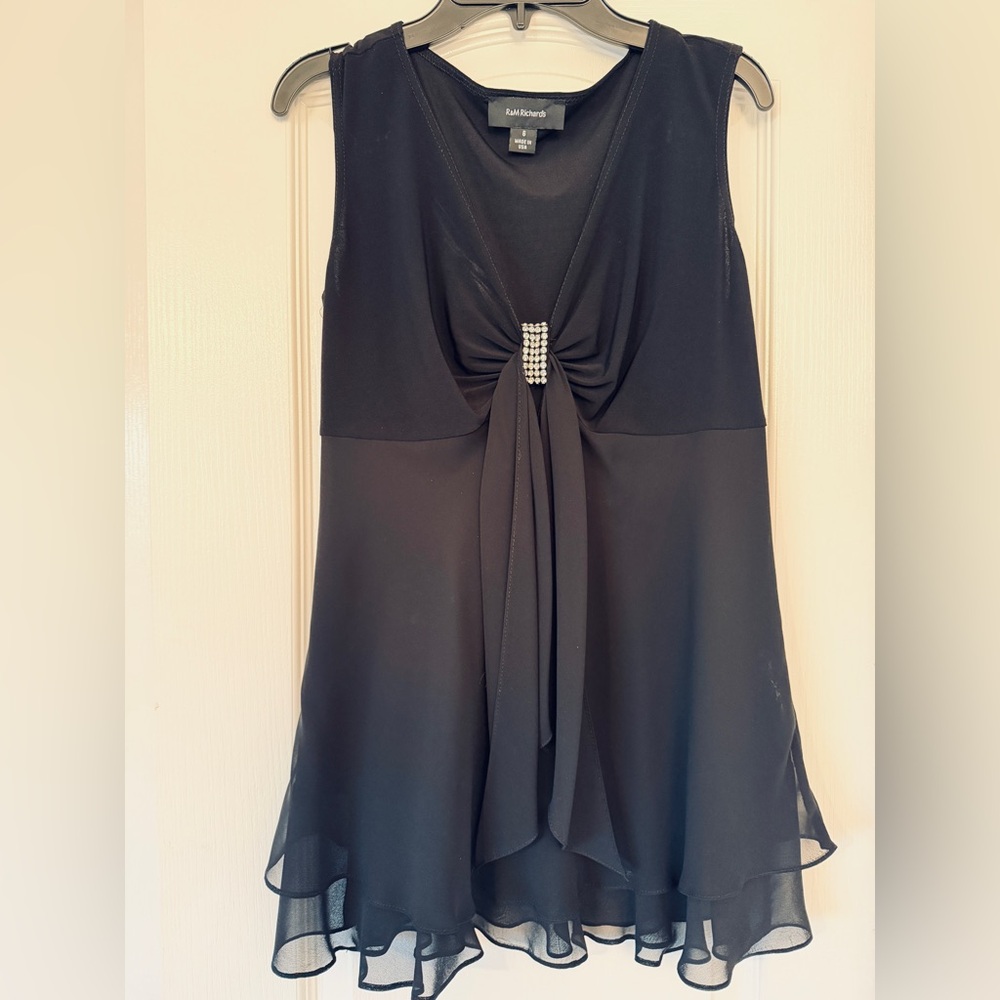 R&M Richards Black Sleeveless Evening Blouse with Rhinestone Accent